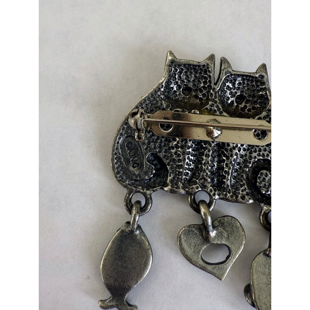 Vintage 70's Pewter Cartoon Cats Kitties Brooch With Dangles Mouse Heart Fish - Picture 6 of 6